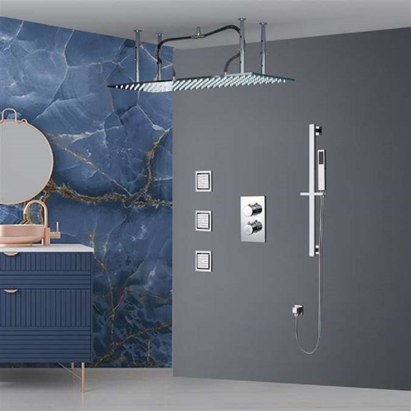 BathSelect Enna 20"x40" LED Chrome Digital Ceiling Mount Rainfall Shower System with Handheld Shower and 3 Body Jets