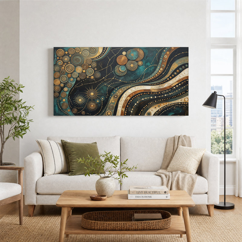 Art mural sur toile à motifs géométriques abstraits dorés et sarcelle, L 46 po x H 24 po