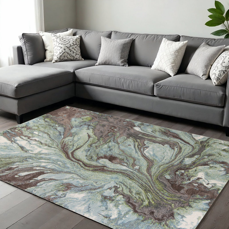 Tapis abstrait vert et brun 7 pi x 10 pi