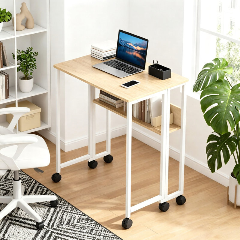 Bureau pliant à roulettes avec tablette de rangement, table d'ordinateur compacte de 63 cm (24,8 po), idéale pour le bureau à domicile et la chambre, de couleur naturelle.