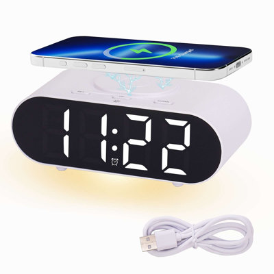 Réveil numérique pour chambre à coucher, horloge de bureau à miroir numérique avec USB, réglage de la luminosité, mode 12 / 24H, recharge sans fil rapide, 3 réveils et veilleuse
