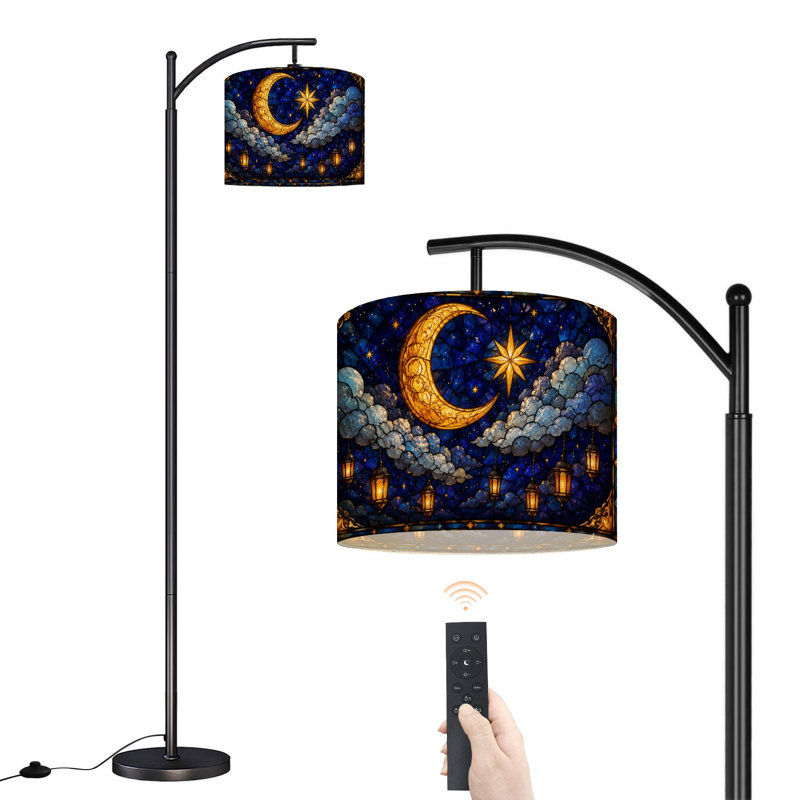  Lampe sur pied arc en forme de croissant de lune, étoile, vitrail, lanternes du ciel nocturne, grande lampe sur pied moderne, abat-jour réglable en lin à 3 couleurs