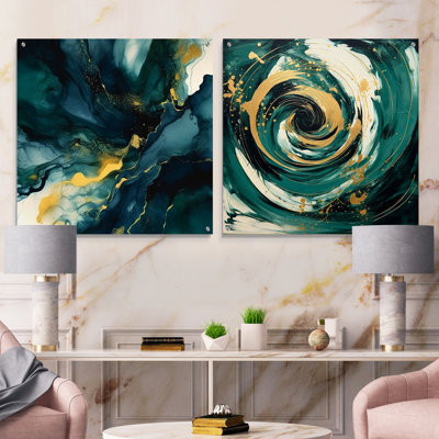 «Dark Blue And Gold Strokes XX - Fractals Acrylique, ensemble d'art mural en verre sur 2