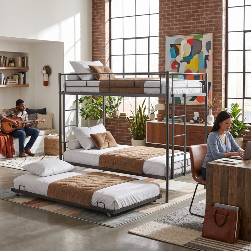 Lit superposé simple au-dessus d'un lit simple avec lit gigogne, structure de lit superposé en métal triple avec capacité de 400 lb et garde-corps de 10,4 po - se convertit en 2 lits, aucun sommier nécessaire