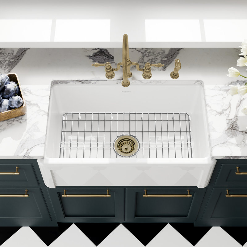 Whitehaus Collection Reversible Fireclay Kitchen Sink with Grid: Three Edge Frame, Plain Front Apron, 10" H x 30" L x 18" W