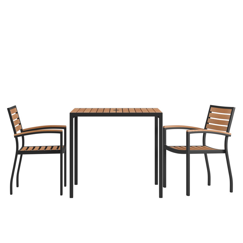 Table carrée en acier noir 36 po avec trou pour parasol et 2 fauteuils club