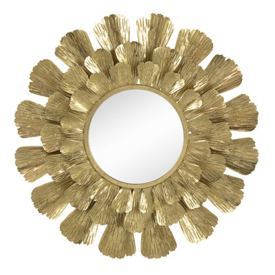 Gold Metal Round Mirror With Trumpet Vine Trimmed, 37x3", Provides Clear Reflection And Expands Room Appealing Association, Fresh
