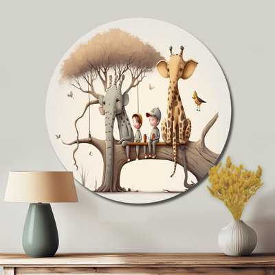 Girafe et éléphant avec enfants - animaux, art rond en métal