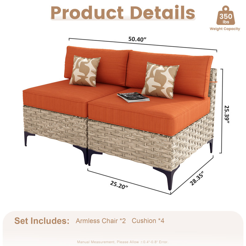 Ensemble de canapé d'extérieur en osier avec coussins, Orange