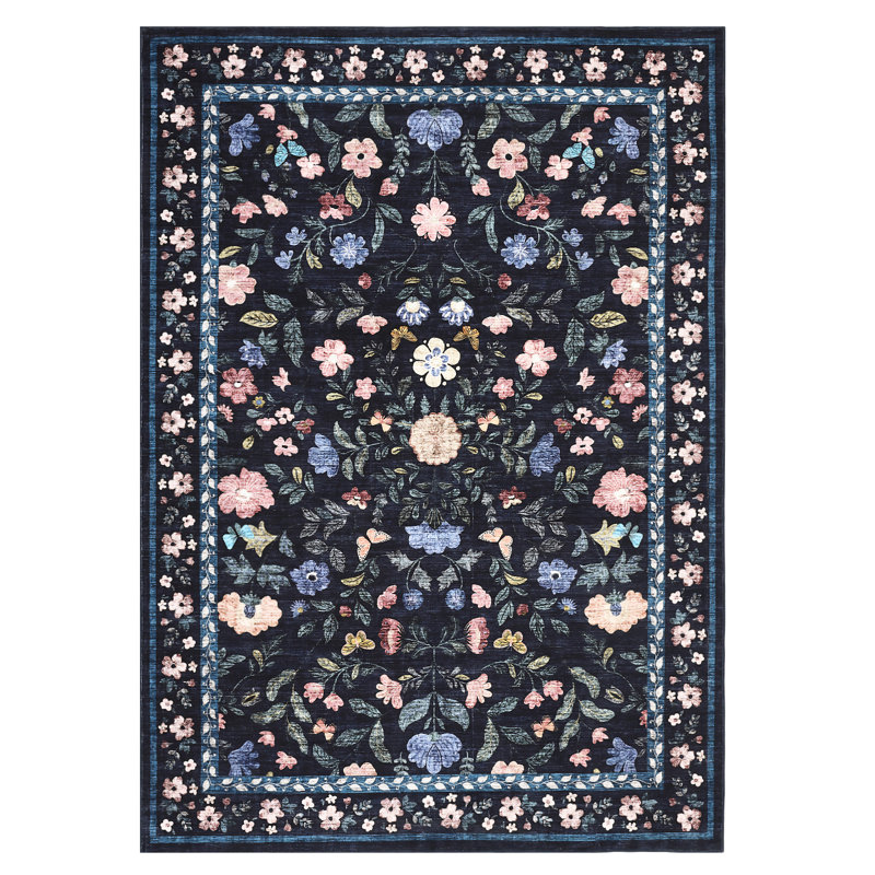 Washable Rugs Non Slip Area Rugs for Bedroom,Farmhouse Floral Carpets for Hallway,Dining Room,Bathroom,Nursery, Blue