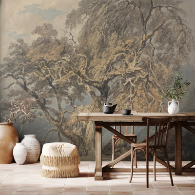 Vintage Botanical Oak Tree Sketch Wall Mural for Home Decor