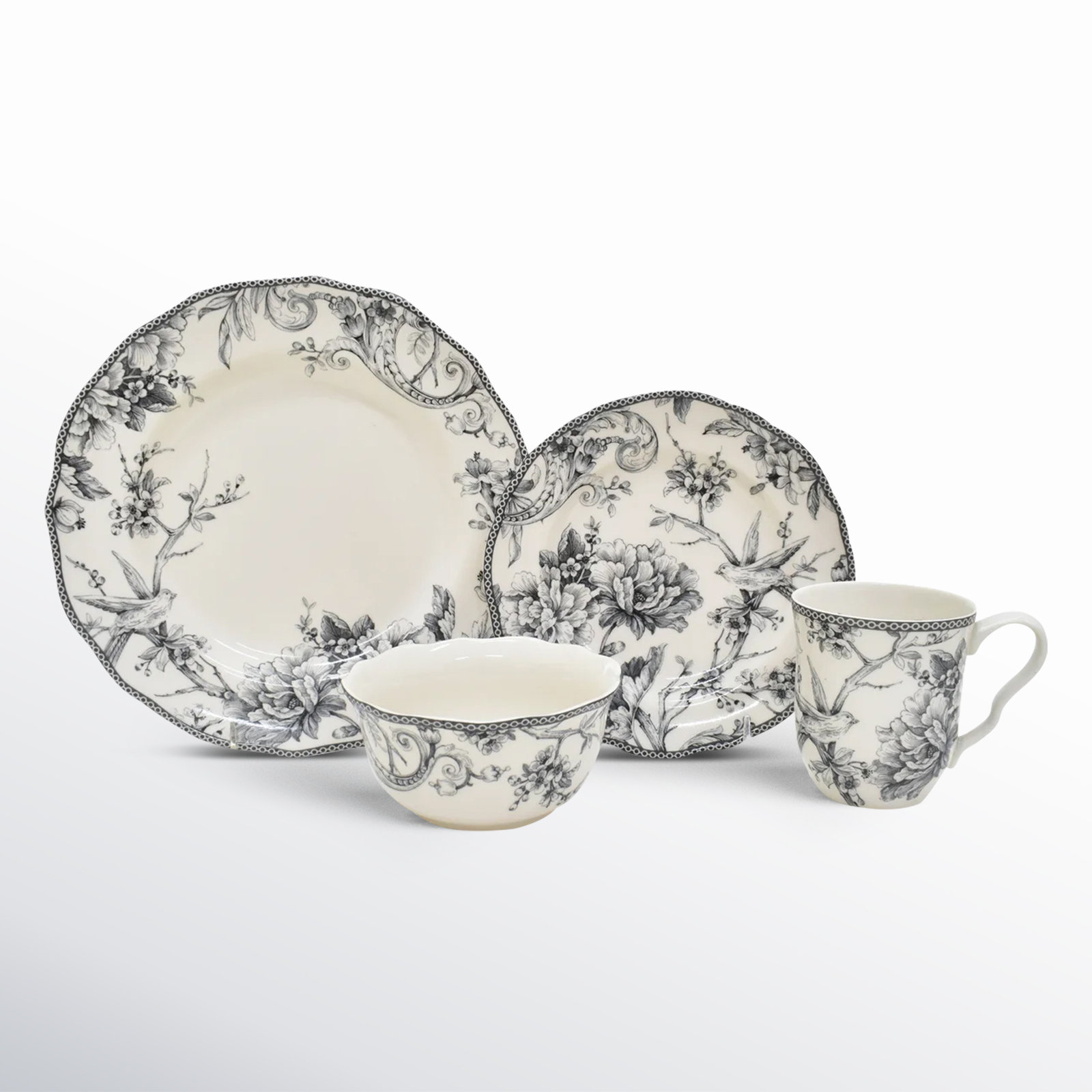 Adelaide Porcelain Dinnerware Set - Service for 4, Gray, Floral