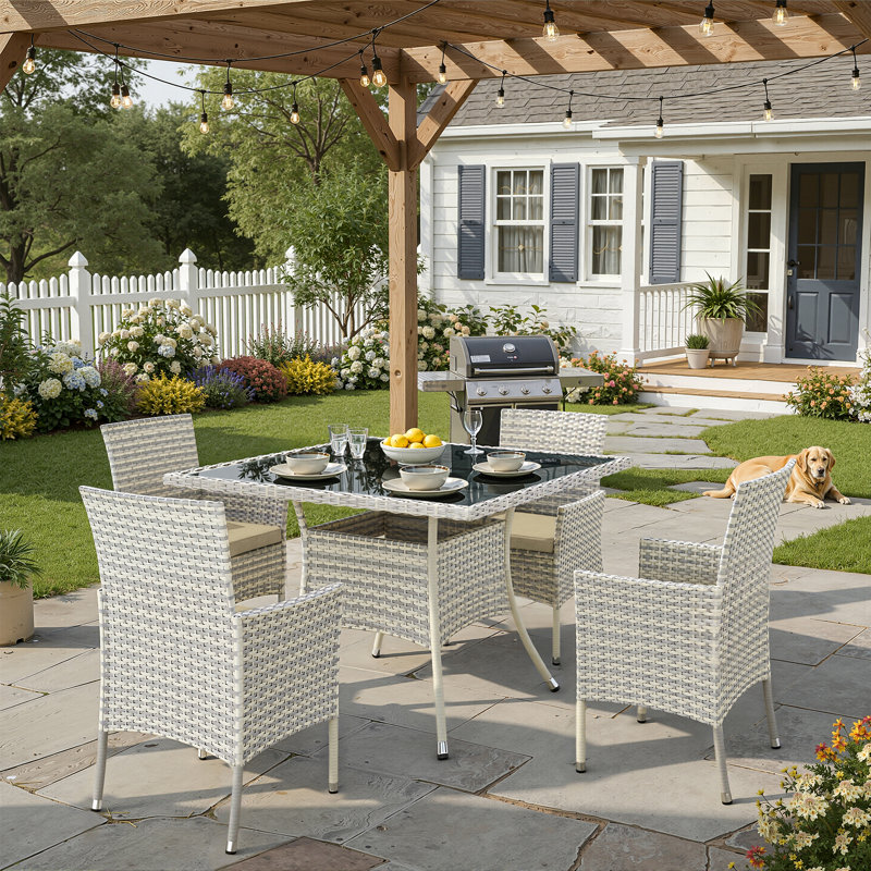 5-Piece Outdoor Rattan Dining Set With Cushions, Armchairs, And A Tempered-Glass Top Table, Taupe