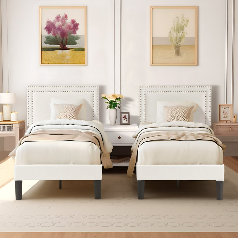 Cadena 2 Pack White Twin Upholstered Platform Bed Frame with Tufted Adjustable Headboard,Noise-Free Twin Size Bed with 8 Inch Under-Bed Storage