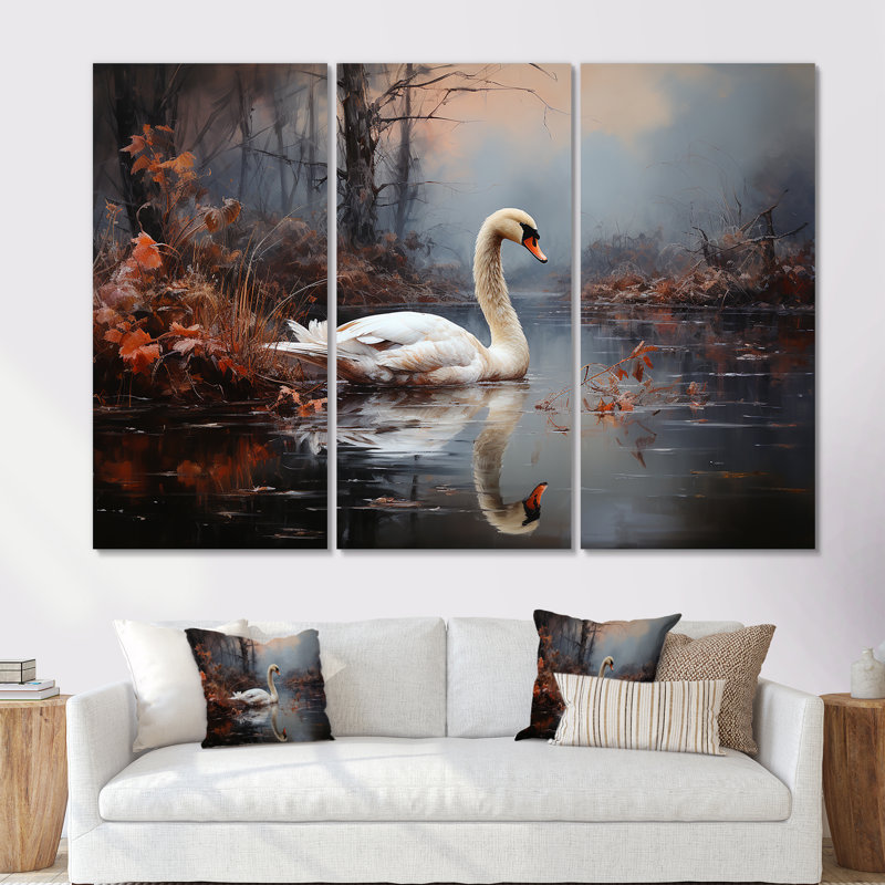 Cygne dans la brume I - ensemble d'impressions d'art mural cygnes, H 28 po x l 36 po x P 1 po, Toile tendue