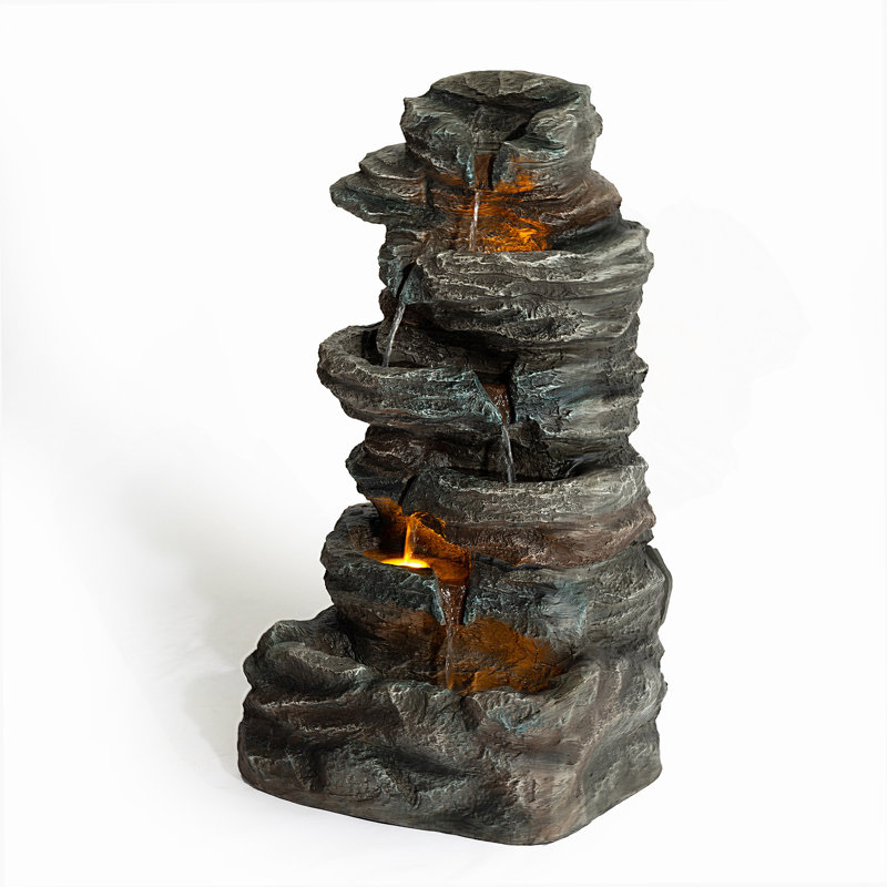 6-Tier Outdoor Cascading Stone Water Fountain With 3 LED Lights
