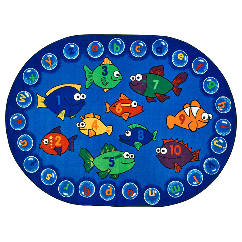 Fishing for Literacy Tufted Counting Preschool Alphabet Blue/Green Area Rug, Oval 3'10" x 5'5"