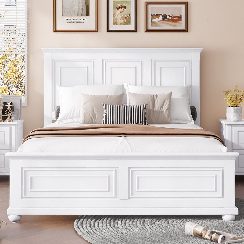 Structure de lit plateforme en bois de style traditionnel renforcé, Blanc, Grand