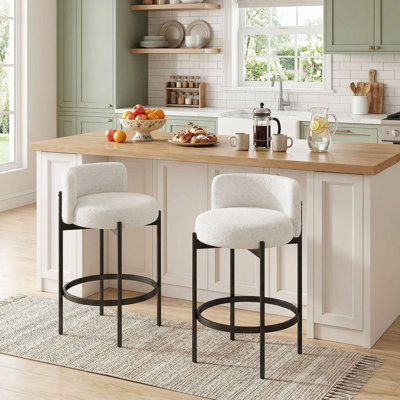 24-Inch Counter Height Boucle Upholstered Bar Stools, Available In Set Of 2 With Ergonomic Soft Curved Lumbar Support Backrest, Fluffy Stain-Resistant Boucle Fabric Cover High-Resilience Thickened Padded Seat