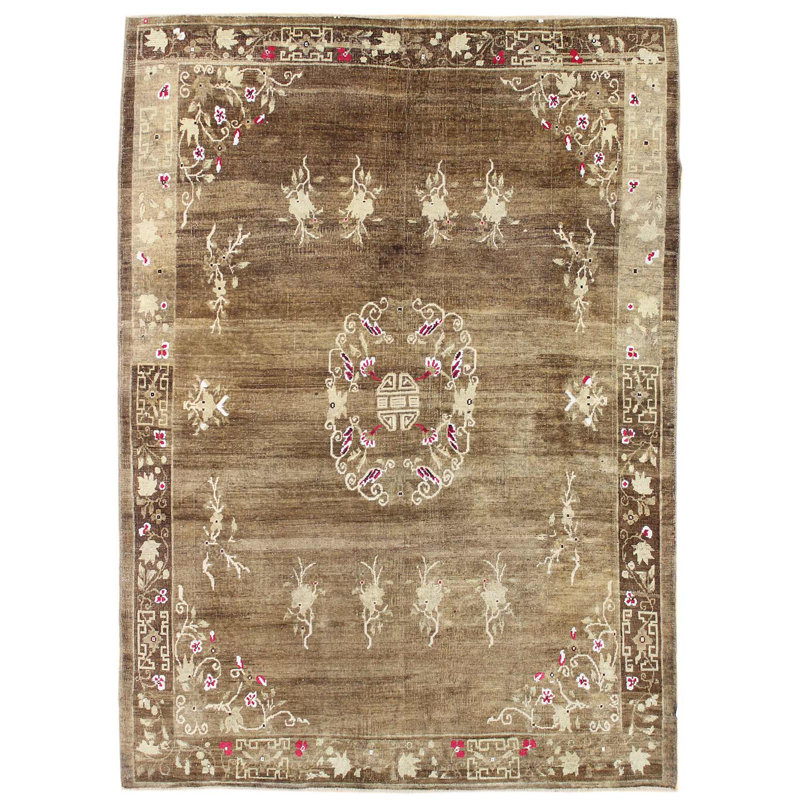 Tapis unique brun / kaki / rose 6 pi 7 po x 9 pi 1 po Khotan