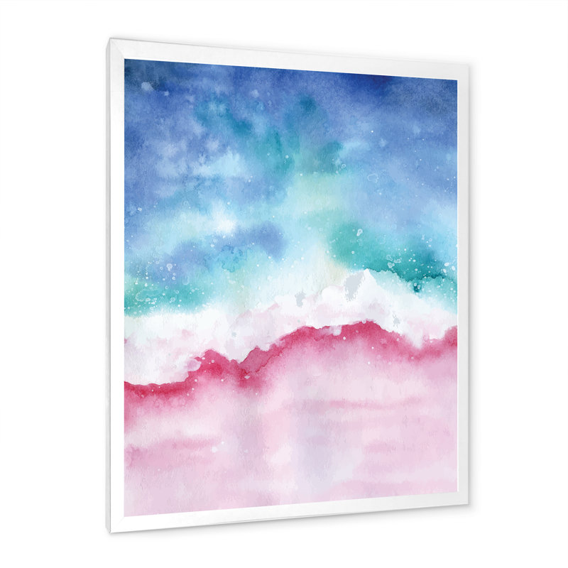 Abstrait océan rose et vagues bleues II - Peinture, H 20 po x l 12 po x P 1 po, Cadre photo blanc