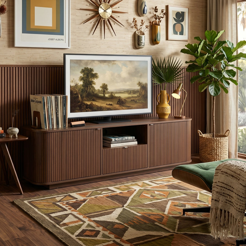 Meuble télé 70 po pour téléviseur de 70 po ou moins, meuble multimédia avec coins arrondis et portes à lattes verticales, grain de bois brun foncé