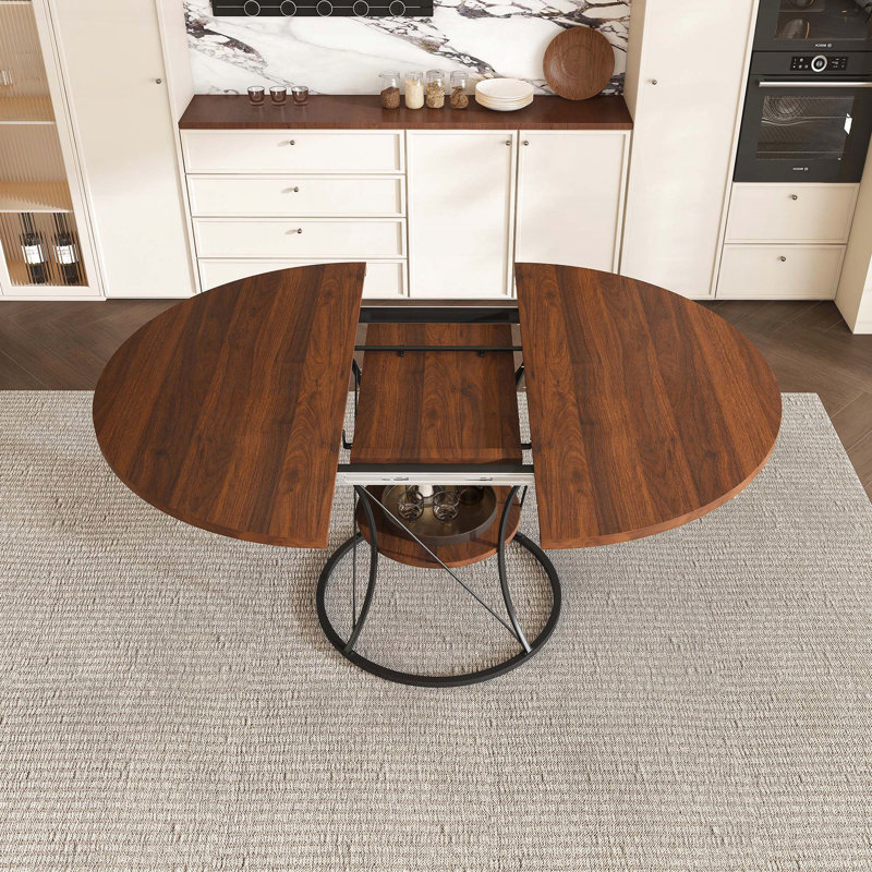 Table de salle à manger extensible ronde avec tablette de rangement (43 po), Brun, Bois massif + manufacturé