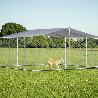 Outdoor Dog Kennel With Water- Top - 181"X181"X71.93", Xl For Large Dogs, Weather Protected, , , Hinged Door Lockable Clasp, Easy To Assemble, Silver Iron Waterproof Canopy Hut , Fire-, Bolt,