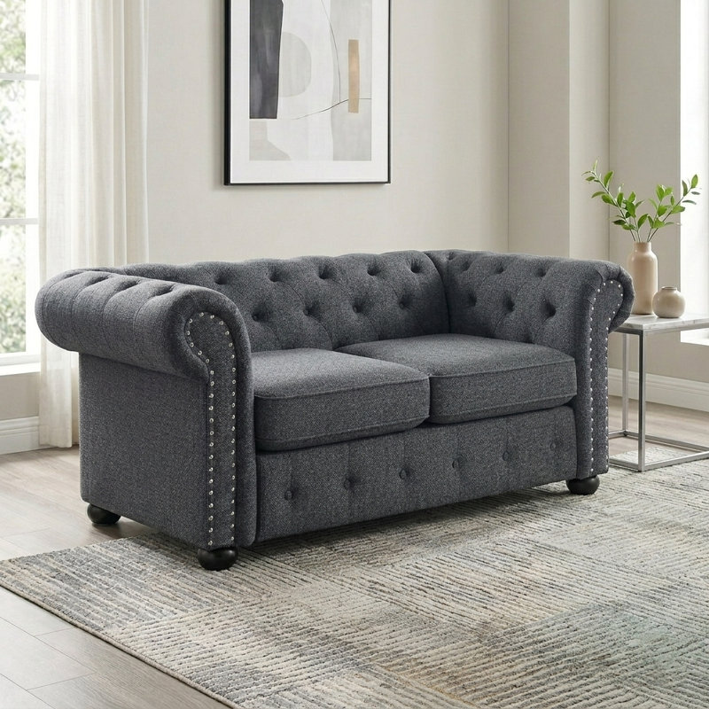 Causeuse Chesterfield 67,72 po Gleda, Chenille grise foncée