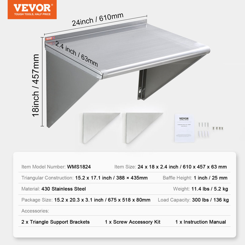 24" Silver Stainless Steel Wall Mounted Kitchen Shelf