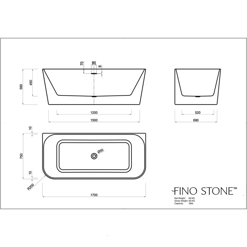 1700mm x 750mm Freestanding Acrylic Bathtub