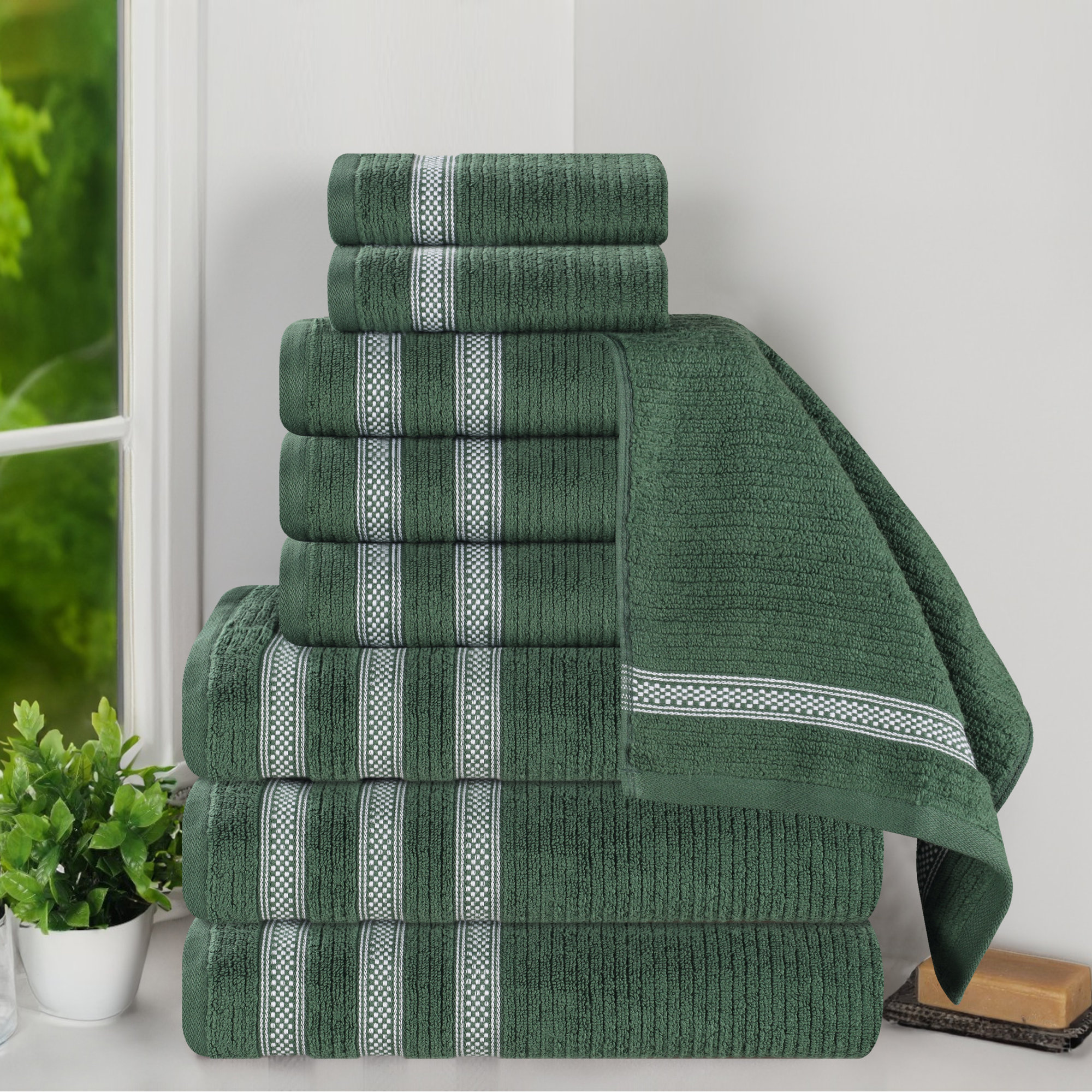 Orley Zero Twist Cotton Ribbed Modern Geometric Border Soft Highly-Absorbent Assorted Bathroom Towel Set, Forest Green