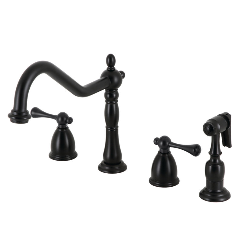 Kingston Brass Heritage Double-Handle 4-Hole Widespread Kitchen Faucet with Brass Sprayer, Matte Black