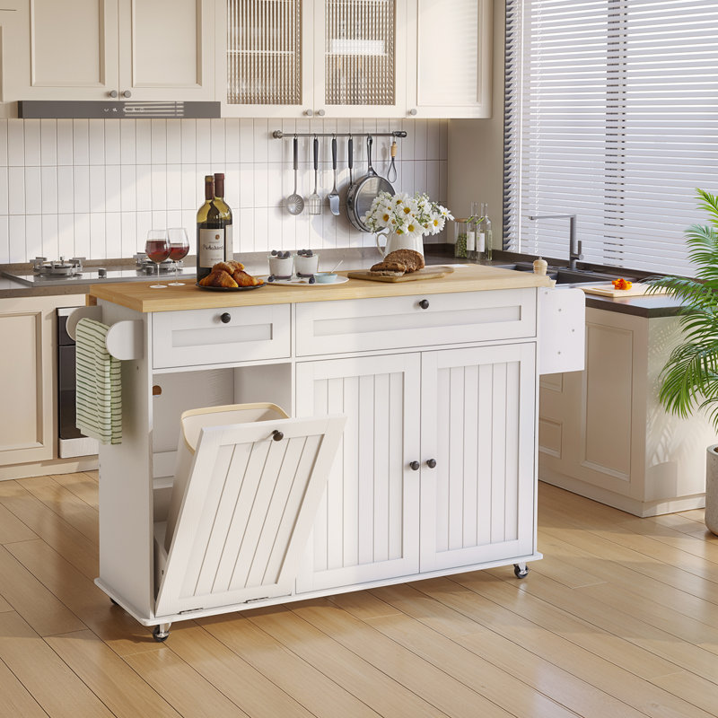 Jamera 60.2"W Kitchen Island with Two Large Storage Cabinets And Drawers, Locking Wheels, Oak/White