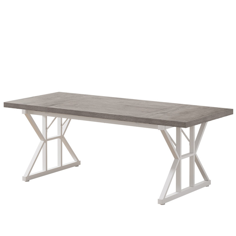 71" Rustic Rectangular Kitchen Table With X-Trestle Metal Legs, Gray/White