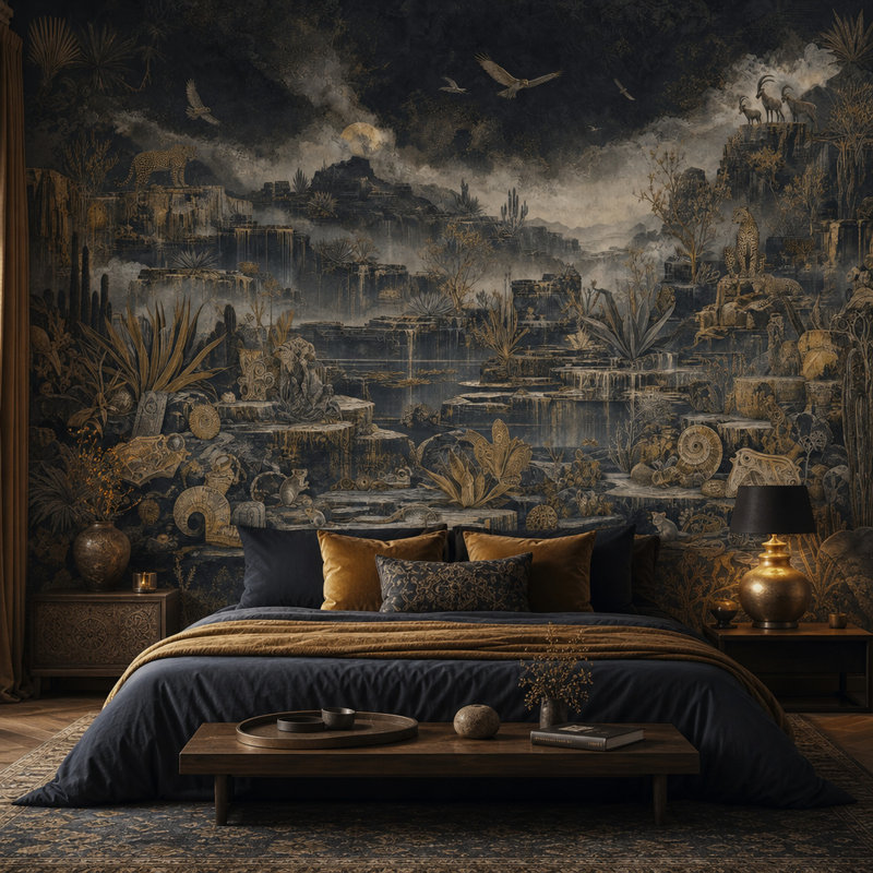 Papier peint paysage de nuit avec illustration gravée des falaises du Canyon, Textured Non-Pasted, 160"x108"