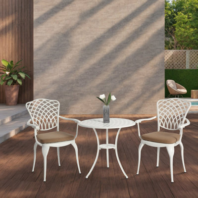Ensemble bistro 3 pièces pour terrasse et ensemble bistro en fonte d'aluminium avec ensemble de 2 chaises avec trou pour parasol, ensemble bistro toutes saisons en métal, ensemble de mobilier d'extérieur pour jardin avec coussin