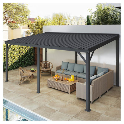 10' x 16' Expandable Hardtop Wall-Mounted Gazebo, Grey Steel Lean-To Patio Cover