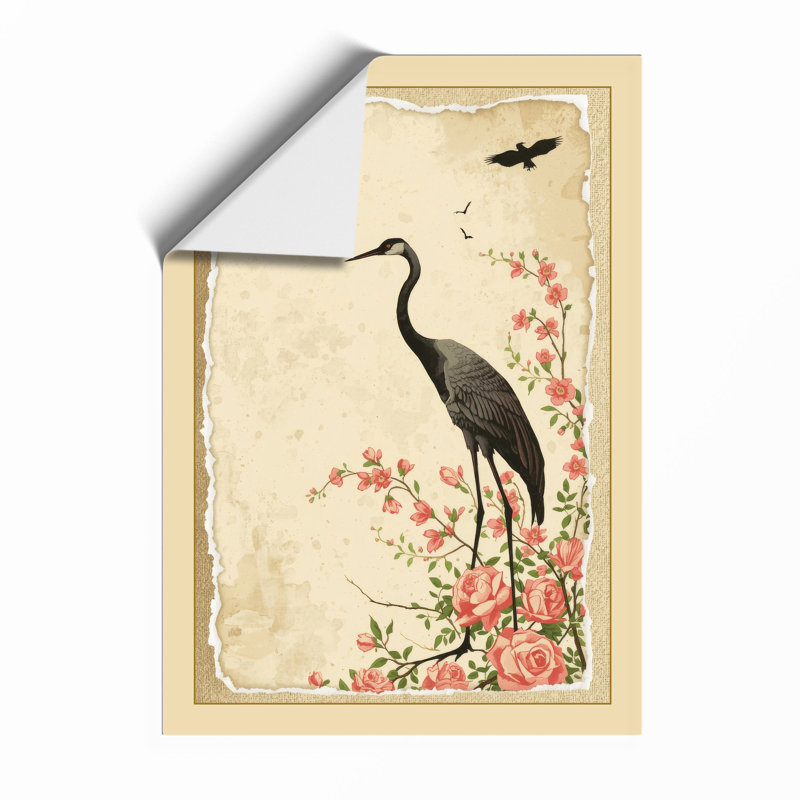 Crane and Blossoms Japandi - Framed Print, A1 - 84.1 x 59.4 cm, Unframed