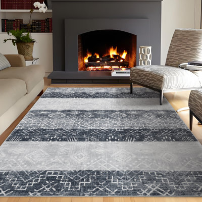 Tapis de salon tribal lavable grand 9 x 12 avec envers antidérapant, housse de sol à imprimé géométrique pliable, tapis décoratif à poils courts pour la chambre à coucher, gris