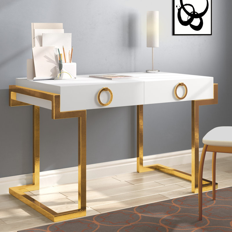 Hamlig Metal Base Writing Desk, White Lacquer/Gold