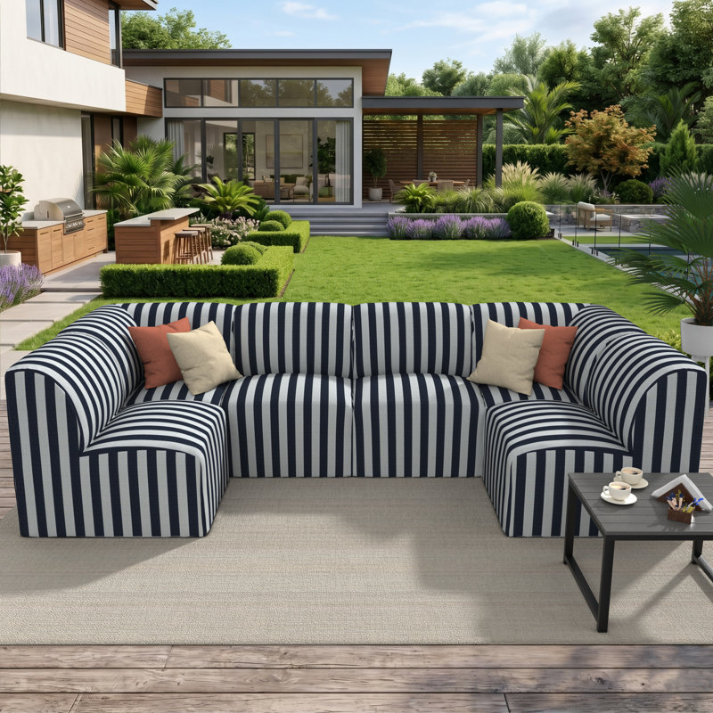 Praia 124" Sunbrella® Outdoor U Sectional, Expressive Mist Striped Sunbrella®