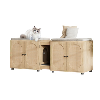  Cat Litter Box Enclosure Furniture, Wood Color Pet Cabinet with Ventilation Holes, Hidden Litter Box Cover with Storage Compartments and Mat, Modern Cat House for Home