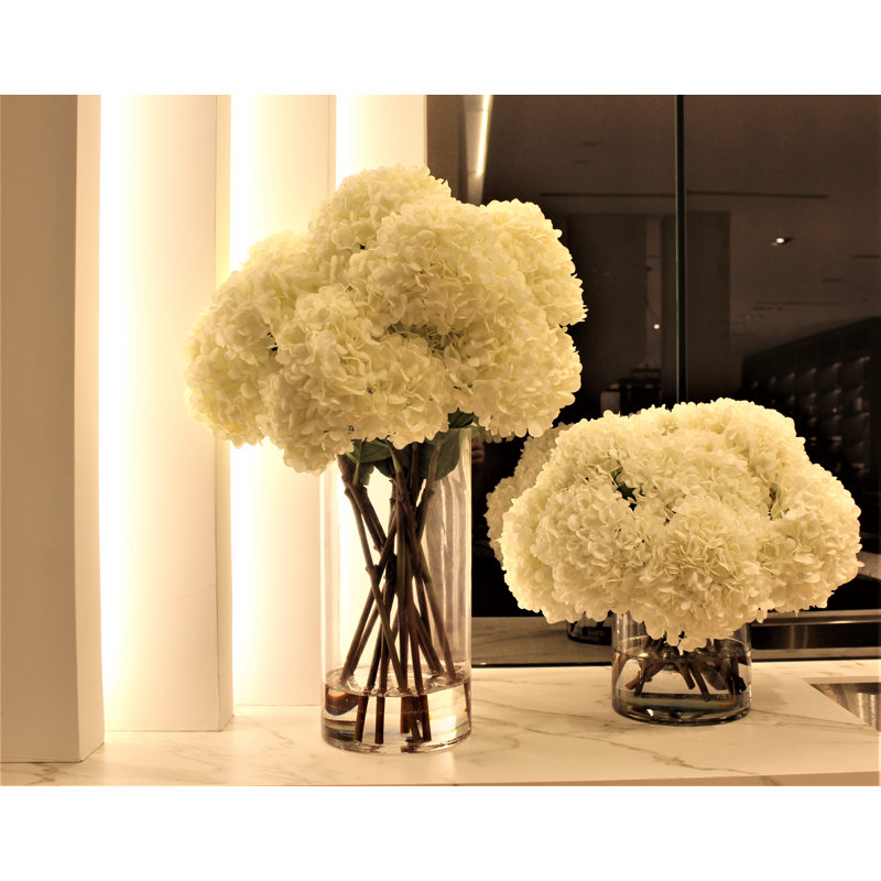 White Hydrangeas In Clear Glass Cylinder Vase, White, 27" H x 18" W x 18" D