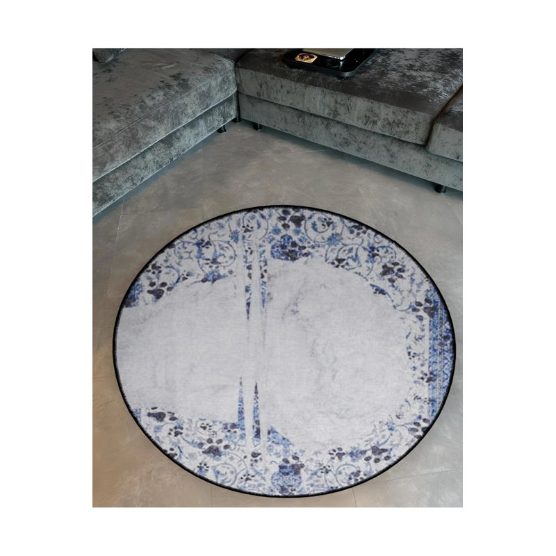White Blue Theme Abstract Motif Patterned Round Woven Base Vintage Decorative Carpet, Round 3'4"