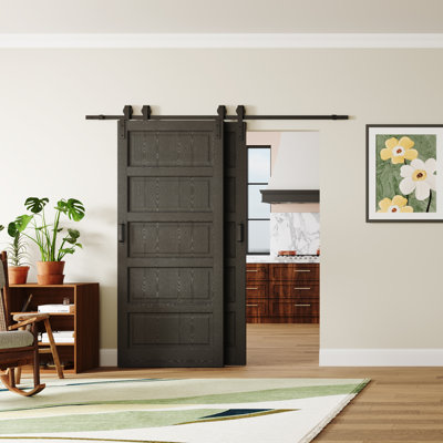 CHIC MODE Doors 90 in. x 84 in. Black 5 Lite Panel Solid Core Bypass Barn Door with Hardware