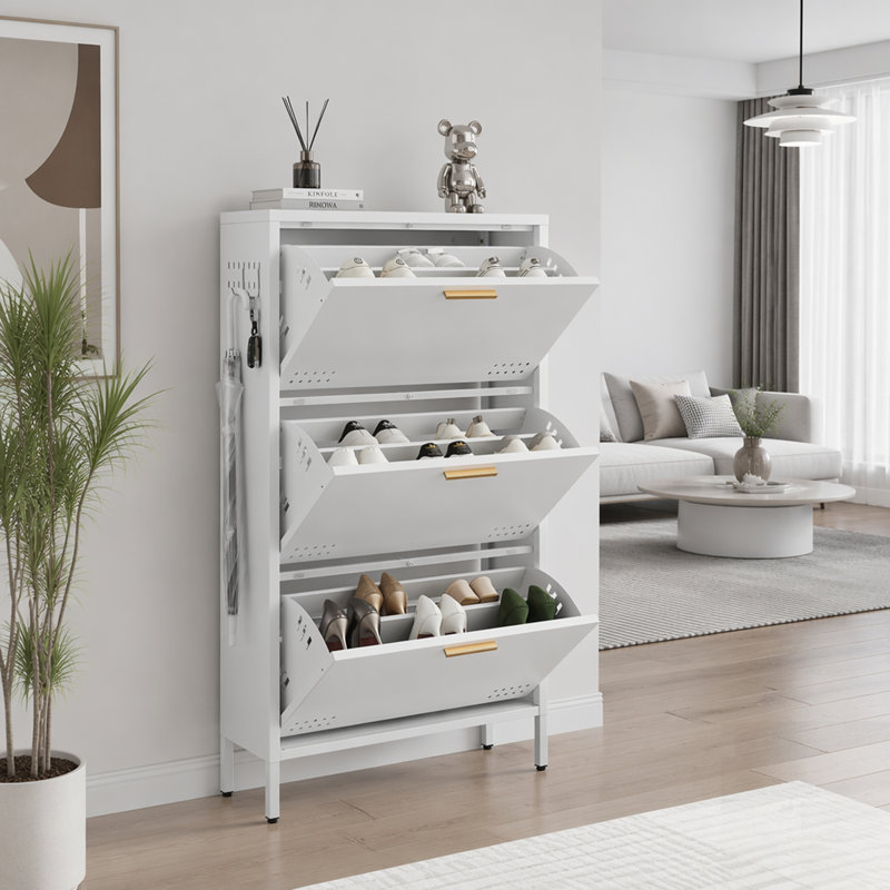 Armoire à chaussures inclinable classique à haut dossier avec grande capacité, crochets latéraux et conception anti-basculement pour les entrées modernes