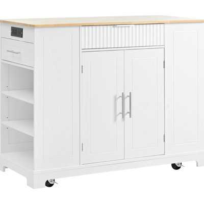 Mobile Kitchen Island On 5 Wheels With 3 Drawers, Open Side , And Adjustable Shelves