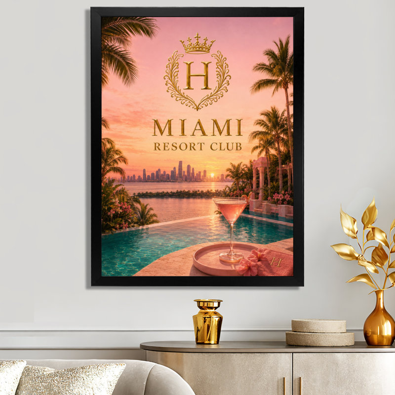 Miami Resort Club Sunset - Décoration murale glamour sur toile, H 32 po x l 16 po, Cadre photo noir