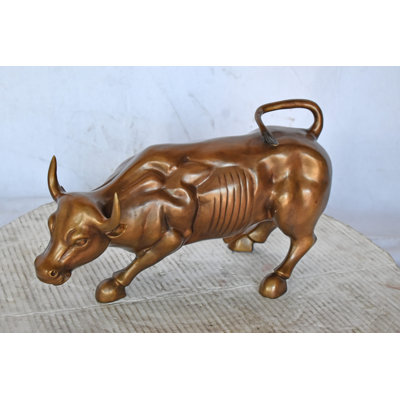 Wall Street Bull replica bronze statue - Size: 15"L x 7"W x 9"H.